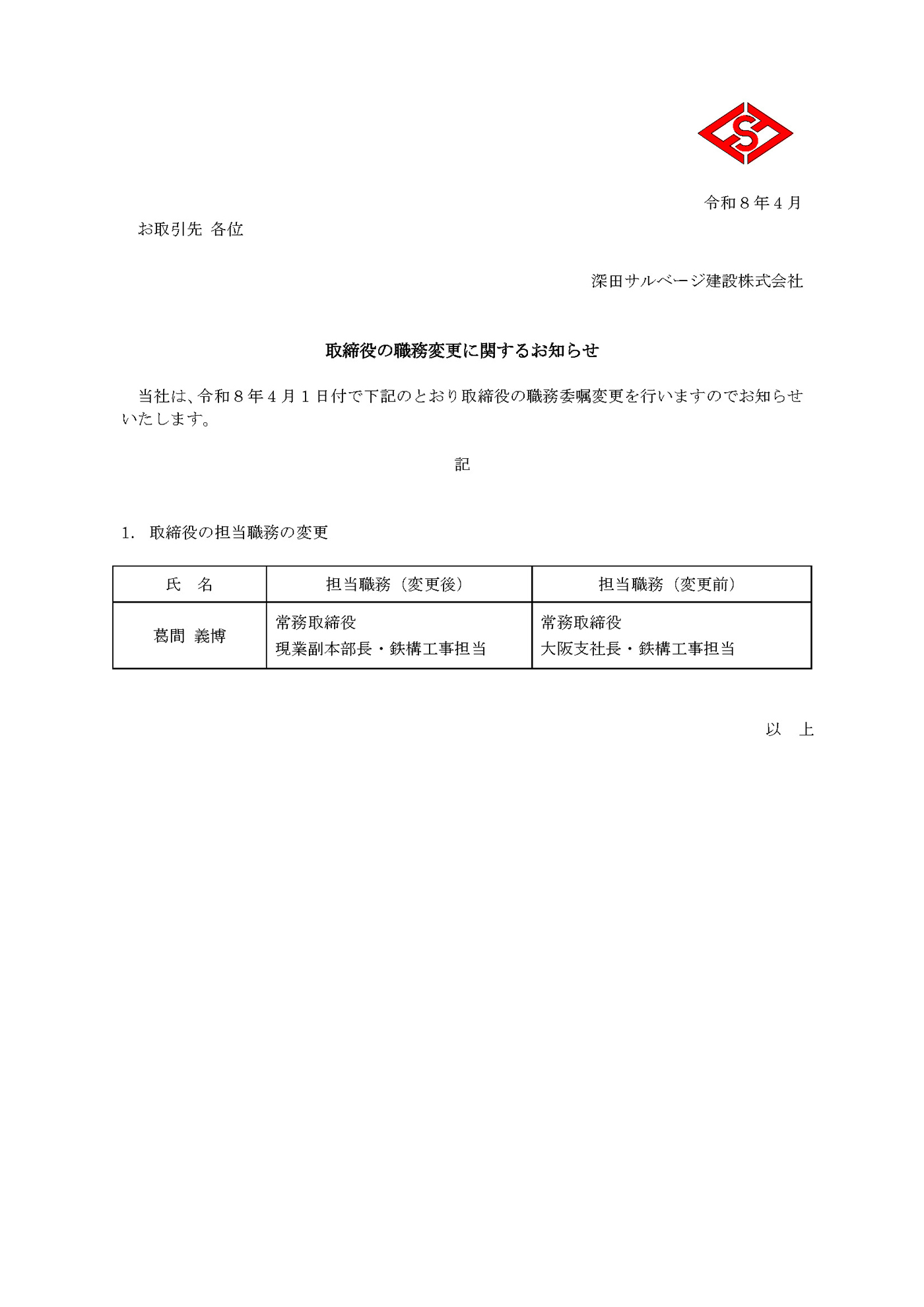 取締役の職務変更に関するお知らせ